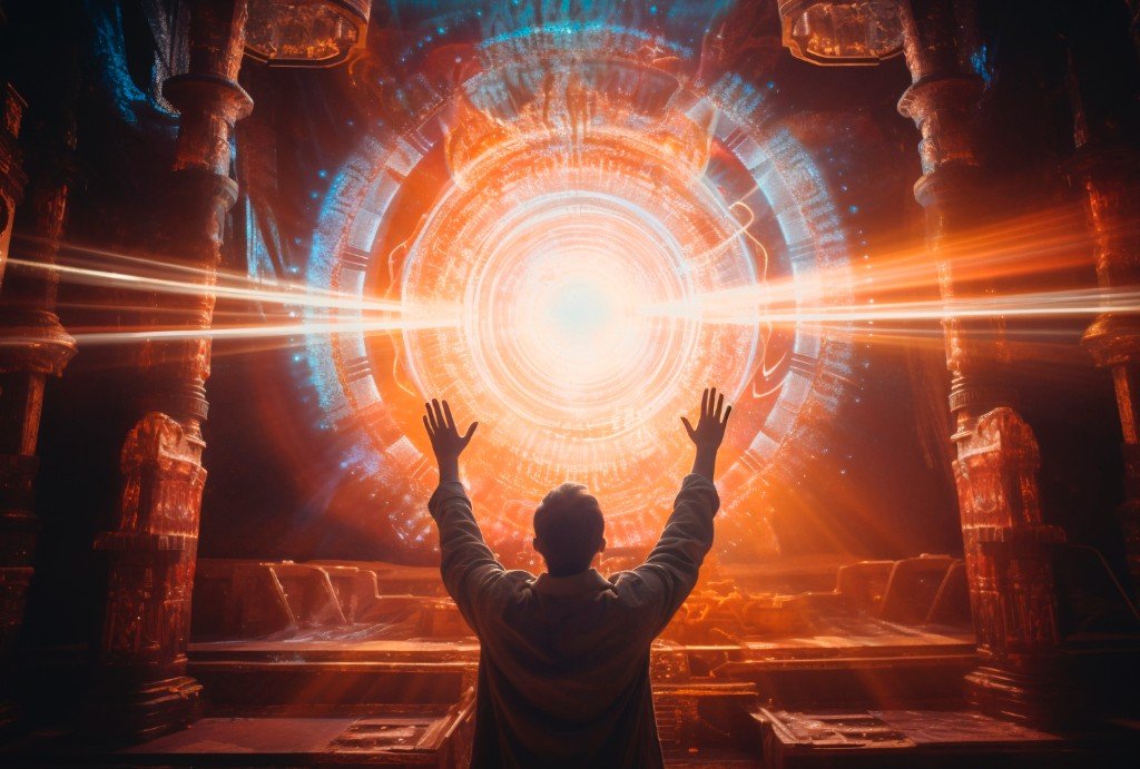 A person standing before a bright doorway.
